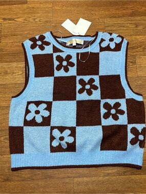 Junior’s Blue and Brown Floral Check Knit Vest Size XL NWT